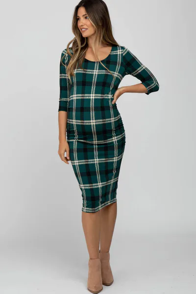 PinkBlush Forest Green Plaid 3/4 Sleeve Ruched Maternity Dress