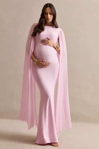Club L London Calitheia | Light Pink Round-Neck Maternity Maxi Dress With Long Floaty Mesh Sleeves