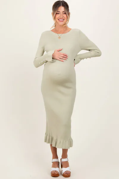 PinkBlush Light Olive Ribbed Knit Bow Back Maternity Maxi Dress