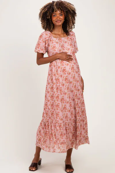 PinkBlush Pink Multi Floral Print Bubble Sleeve Maternity Midi Dress