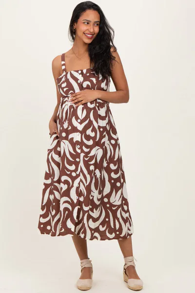 PinkBlush Brown Printed Button Down Sleeveless Maternity Midi Dress