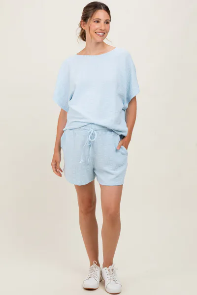PinkBlush Light Blue Textured Knit Dolman Sleeve Top Shorts Maternity Set