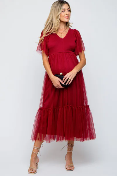 PinkBlush Burgundy Dotted Tulle Smocked Maternity Midi Dress