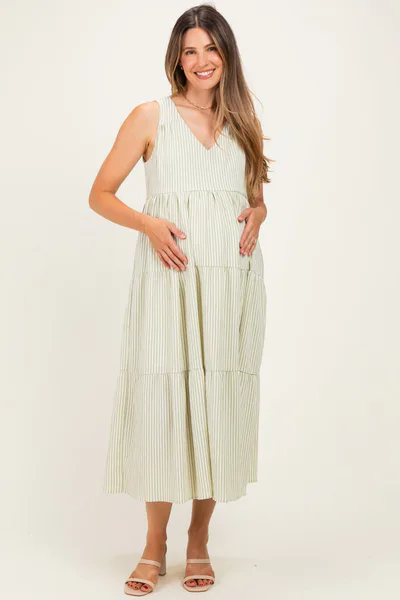 PinkBlush Sage Striped V-Neck Sleeveless Tiered Maternity Maxi Dress