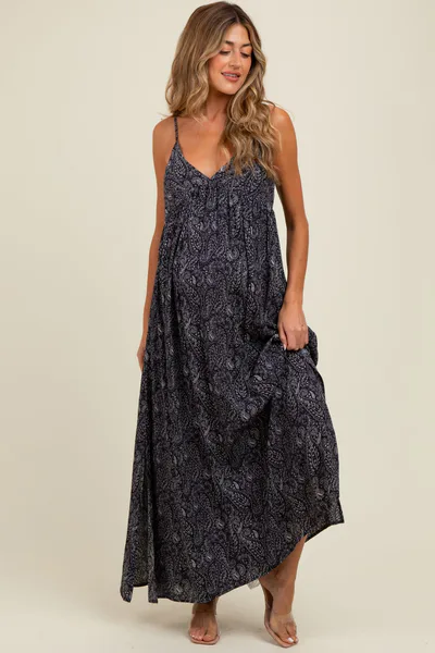 PinkBlush Navy Paisley Print Sleeveless Side Slit Maternity Maxi Dress