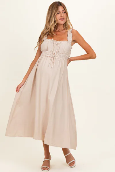 PinkBlush Khaki Front Tie Sleeveless Maternity Midi Dress