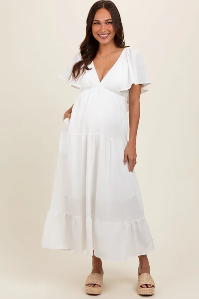 PinkBlush Ivory Deep V-Neck Flutter Sleeve Tiered Maternity Midi Dress