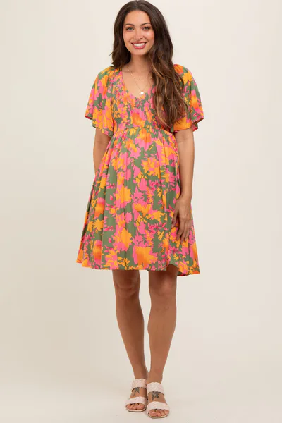 PinkBlush Olive Leaf Print Smocked V-Neck Maternity Dress