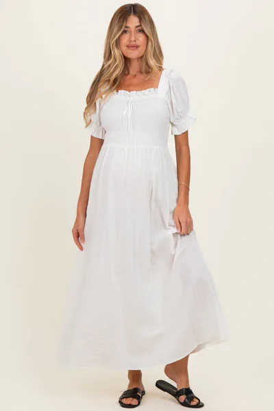 PinkBlush White Smocked Ruffle Accent Ribbon Tie Maternity Maxi Dress