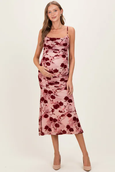 PinkBlush Pink Rose Floral Mesh Ruched Maternity Midi Dress