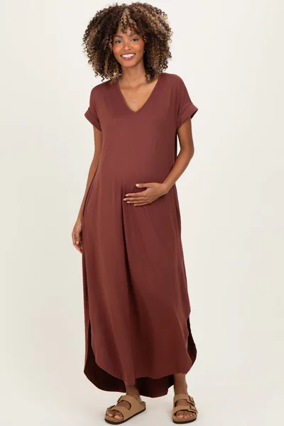 PinkBlush Chocolate Side Slit Maternity Maxi Dress