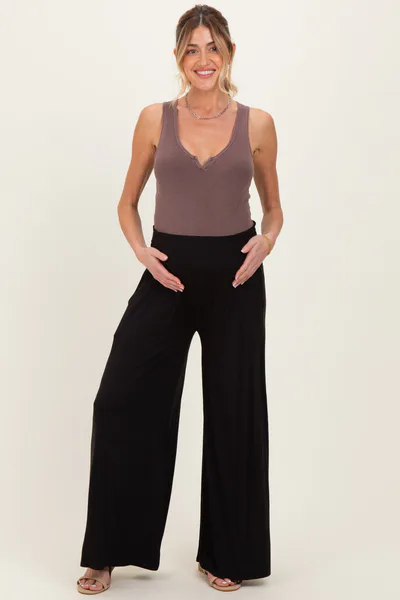 PinkBlush Black Smocked Waist Wide Leg Maternity Pants