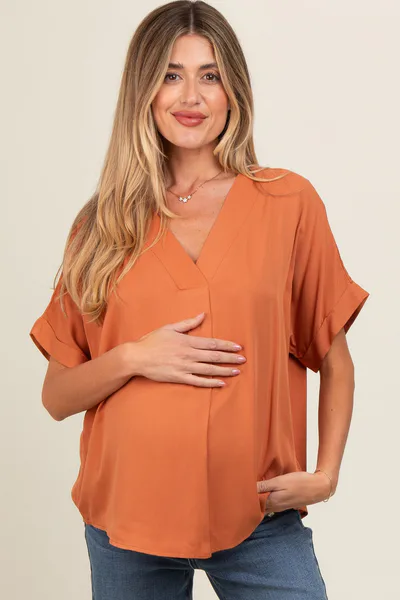 PinkBlush Orange V-Neck Pin-Tuck Detail Maternity Top