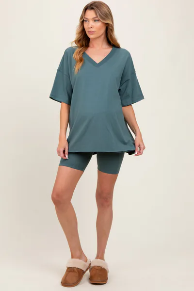 PinkBlush Light Olive Oversized V-Neck Biker Short Maternity Set