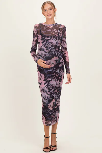 PinkBlush Pink Animal Print Mesh Overlay Maternity Maxi Dress