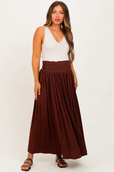PinkBlush Brown Smocked Waistband Pleated Maternity Maxi Skirt