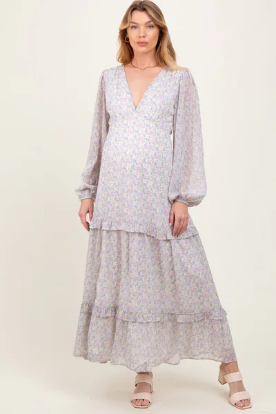 PinkBlush Ivory Floral Chiffon V-Neck Ruffle Tiered Maternity Maxi Dress