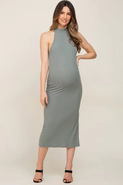 PinkBlush Sage Ribbed Mock Neck Sleeveless Side Slit Maternity Midi Dress