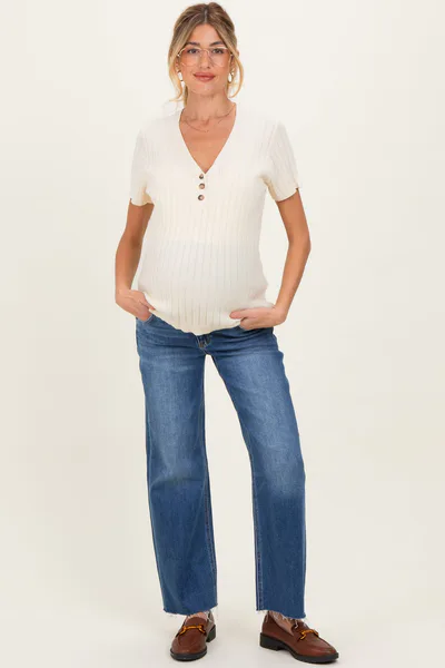 PinkBlush Blue Raw Hem Maternity Cropped Wide Leg Jeans