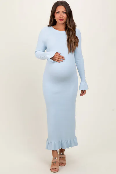 PinkBlush Light Blue Ribbed Knit Bow Back Maternity Maxi Dress