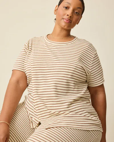 Kindred Bravely Luxe Terry Maternity & Nursing Split Hem T-shirt | Ivory & Chocolate Stripe