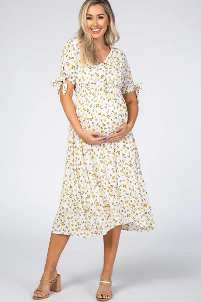 PinkBlush Ivory Floral Tie Sleeve Maternity Midi Dress