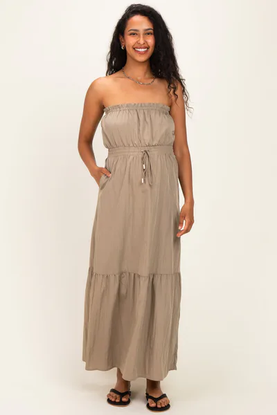 PinkBlush Taupe Strapless Cinched Waist Tie Maternity Maxi Dress