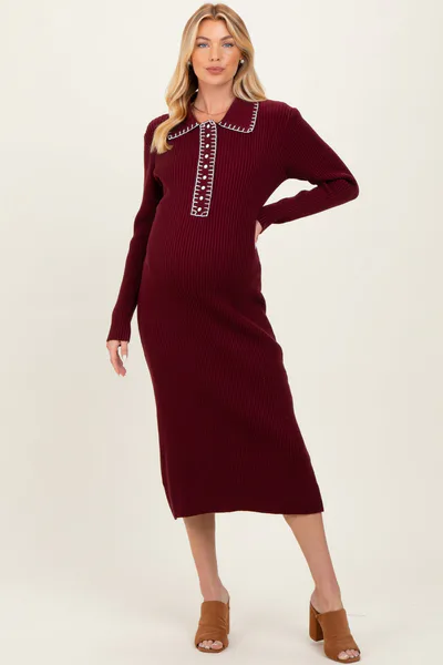 PinkBlush Burgundy Contrast Stitch Maternity Midi Sweater Dress