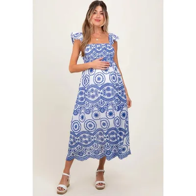 Target Pinkblush Light Navy Embroidered Smocked Cutout Maternity Midi Dress Small