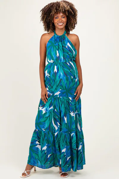 PinkBlush Green Printed Open Cross Back Maternity Maxi Dress