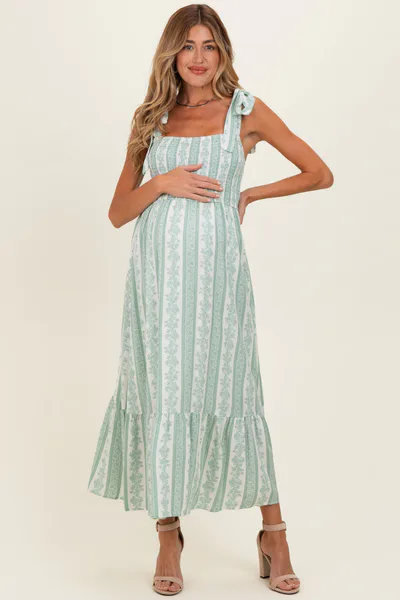 PinkBlush Sage Floral Stripe Smocked Shoulder Tie Maternity Midi Dress