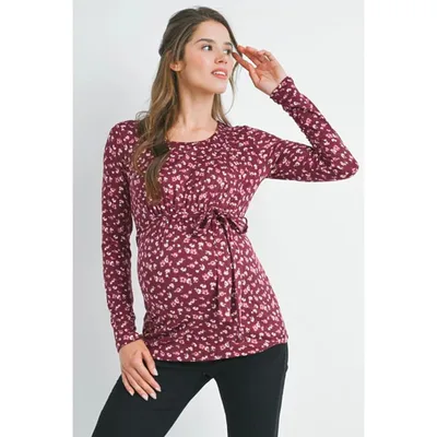 Target Hello Miz Women's Floral Tie Waist Long Sleeve Maternity Top - Burgundy - Medium