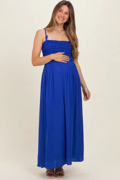PinkBlush Capri Blue Textured Smocked Maternity Maxi Dress