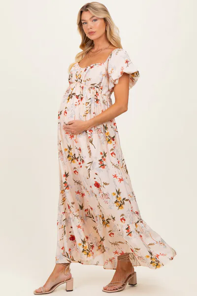 PinkBlush Cream Floral Puff Sleeve Maternity Maxi Dress