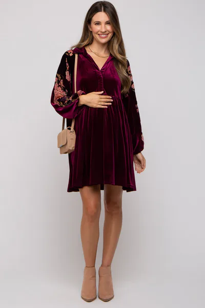 PinkBlush Plum Velvet Floral Long Sleeve Maternity Dress