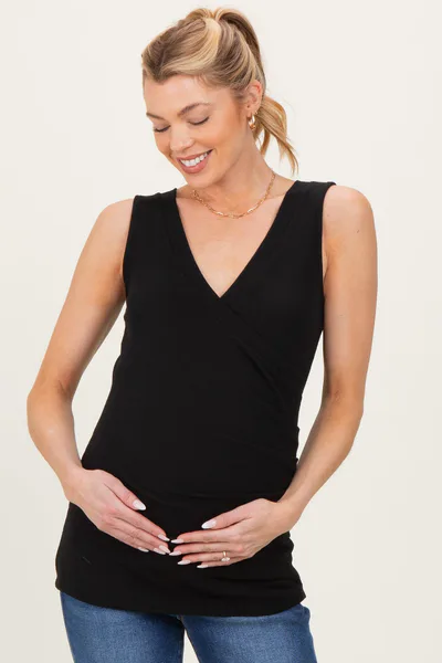 PinkBlush Black Crossover Ruched Maternity Nursing Tank