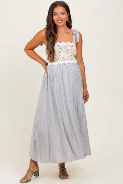 PinkBlush Grey Floral Striped Sleeveless Shoulder Tie Maternity Midi Dress