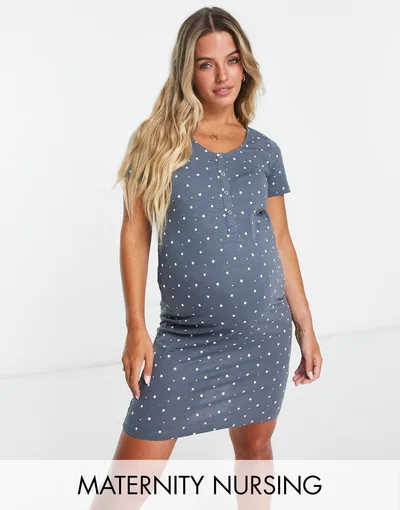 ASOS Mamalicious Maternity star print nightdress with nursing function in charcoal gray