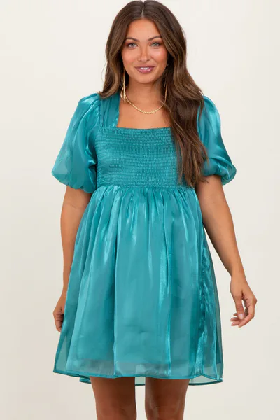 PinkBlush Light Teal Organza Smocked Puff Sleeve Maternity Mini Dress