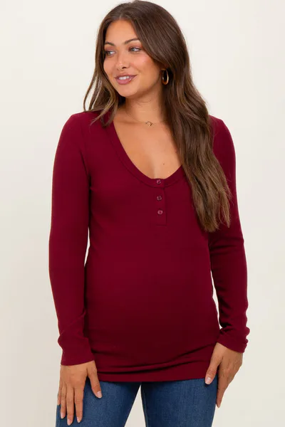 PinkBlush Burgundy Ribbed Long Sleeve Maternity Henley Top