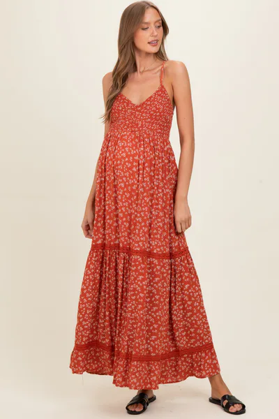 PinkBlush Rust Smocked Bust V Neck Lace Trim Maternity Maxi Dress