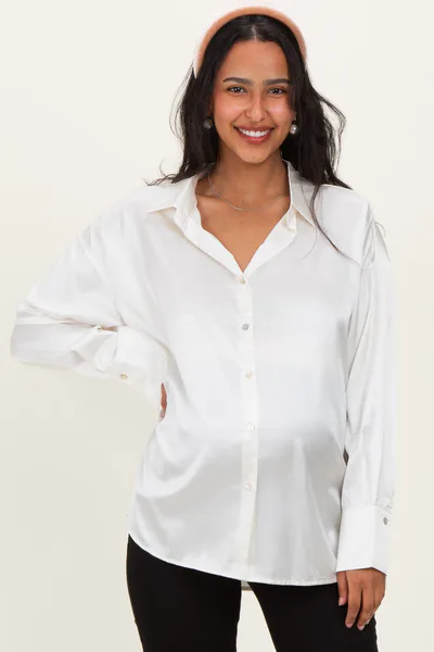 PinkBlush Champagne Ivory Satin Button Up Maternity Blouse