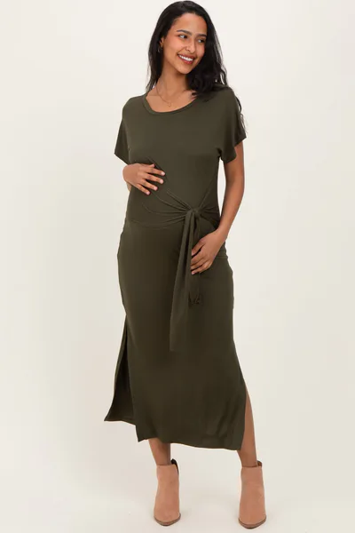 PinkBlush Olive Waist Tie Short Sleeve Side Slit Maternity Dress