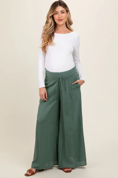 PinkBlush Olive Wide Leg Smocked Lightweight Maternity Pants