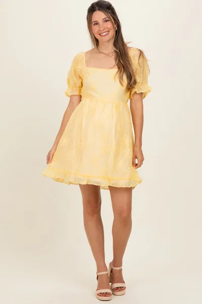 PinkBlush Yellow Floral Applique Puff Sleeve Maternity Mini Dress