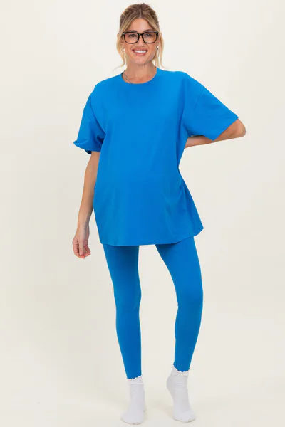 PinkBlush Ocean Blue Oversized Crewneck Short Sleeve and Legging Maternity Set