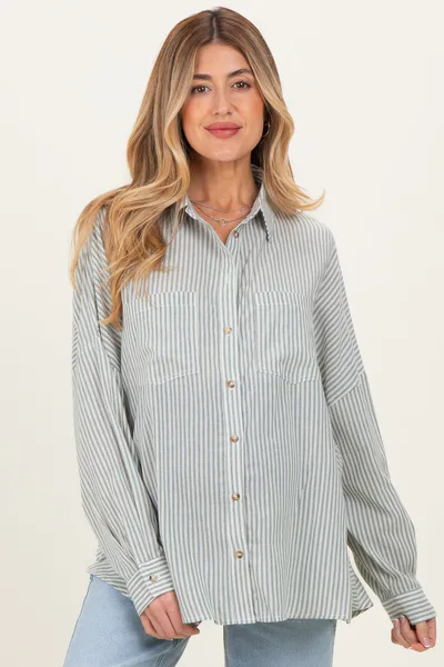 PinkBlush Olive Oversized Striped Button-Up Maternity Shirt