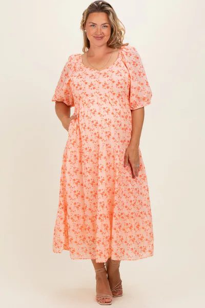 PinkBlush Red Floral V-Neck Tiered Maternity Plus Midi Dress