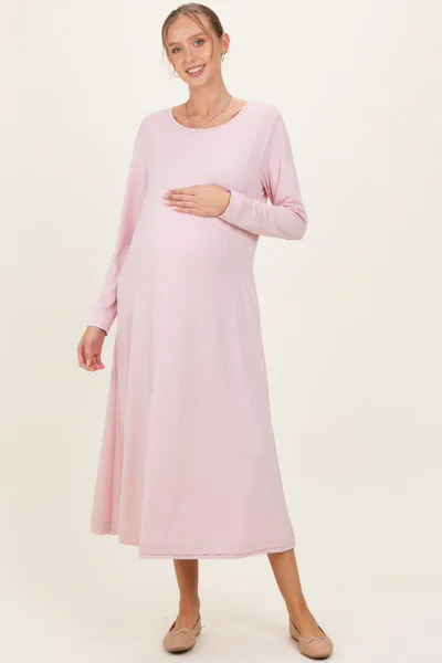 PinkBlush Blush Pink Relaxed Fit Long Sleeve Basic Maternity Dress