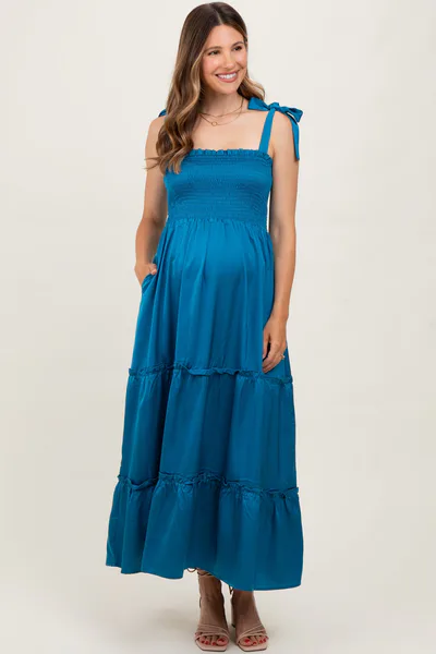 PinkBlush Blue Satin Smocked Maternity Maxi Dress